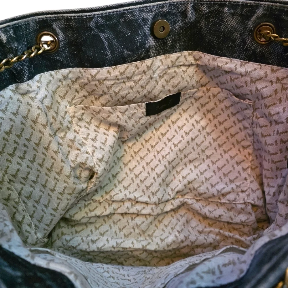 Mona B Upcycled Canvas Tote Bag Denim Leather Chain Strap Boho Shoulder Bag